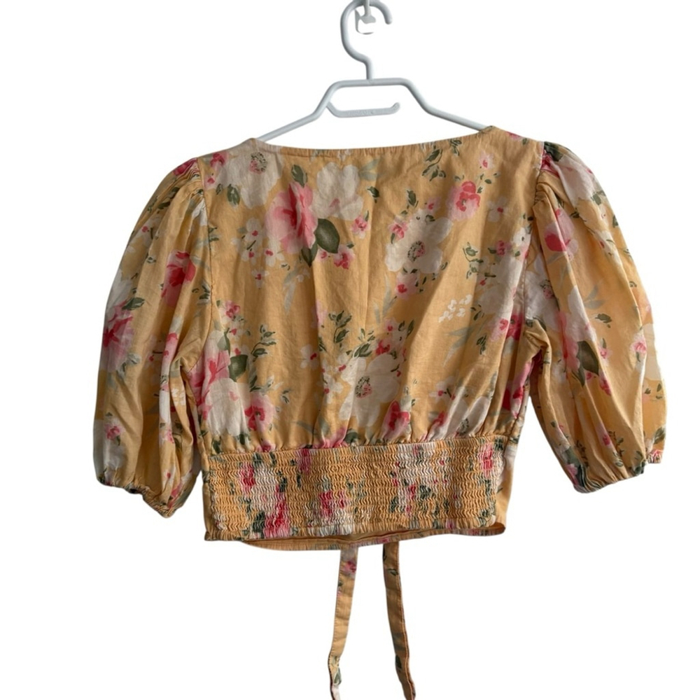Abercrombie & Fitch Floral Cropped Puff Sleeve Tie Front Gauzy Top Sz Small - Picture 4 of 10